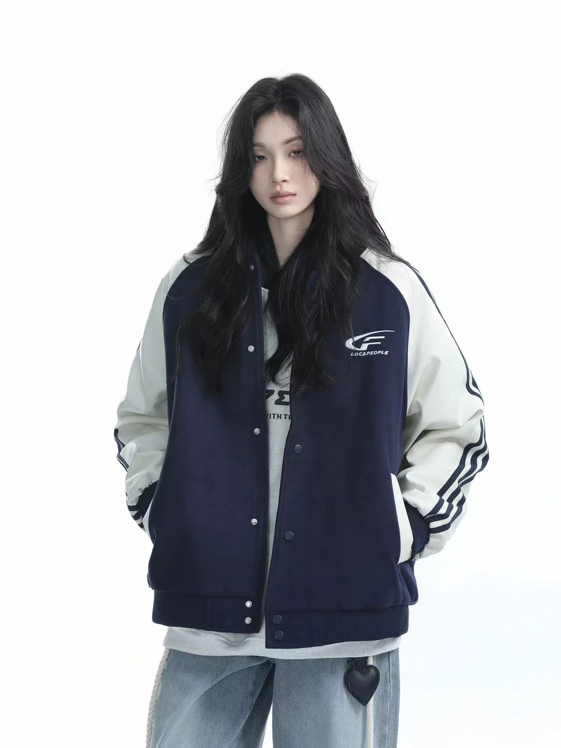 美式潮牌外套撞色上衣外套气质洋气棒球服女高街宽松情侣夹克上衣