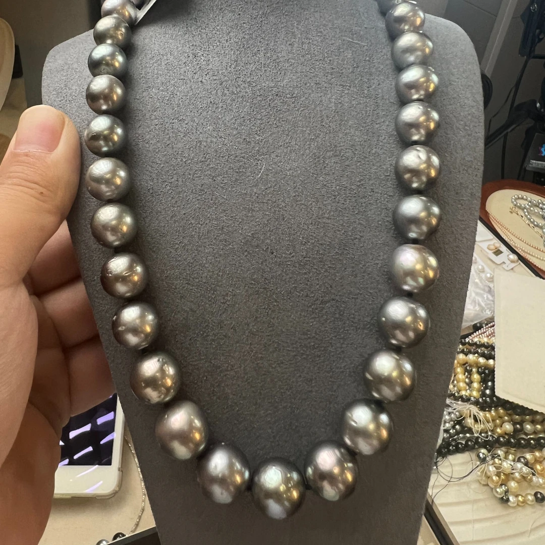 【WE-20241030】11-14mm海水大溪地铂金灰浅灰项链多样性发一