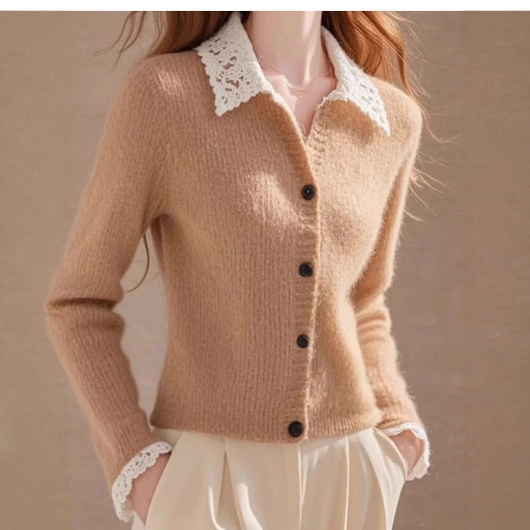 卡其色POLO领蕾丝针织开衫女2024秋冬新款高级感洋气软糯长袖上衣