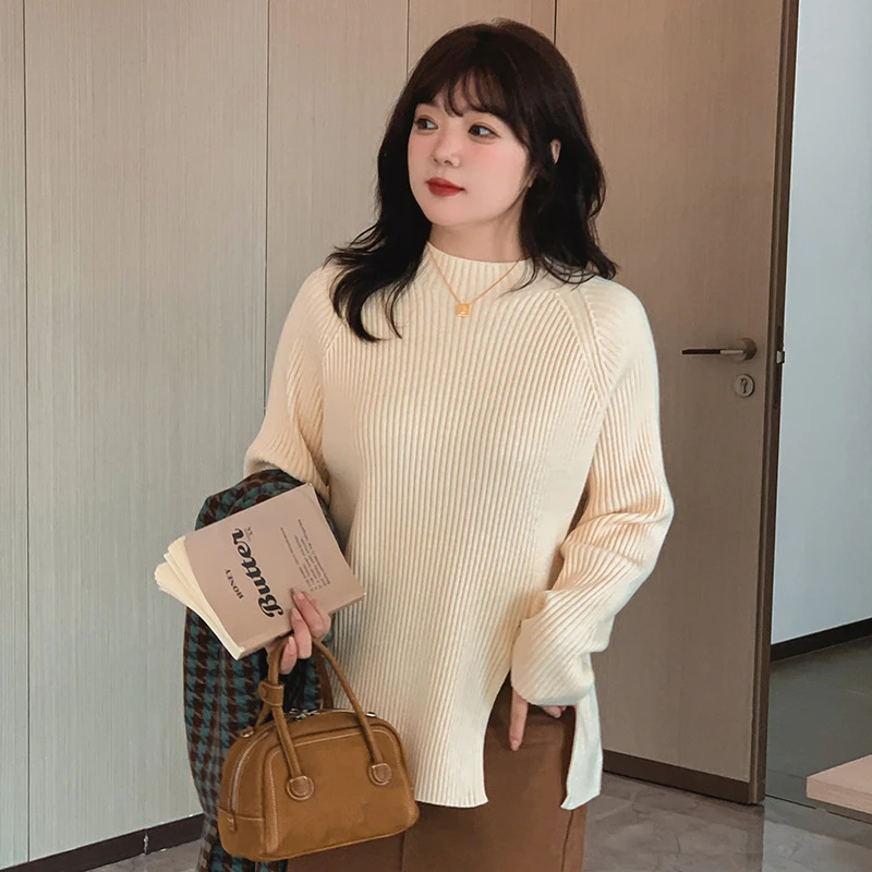 大码女装半高领打底衫女开叉上衣2023冬胖mm内搭套头针织衫