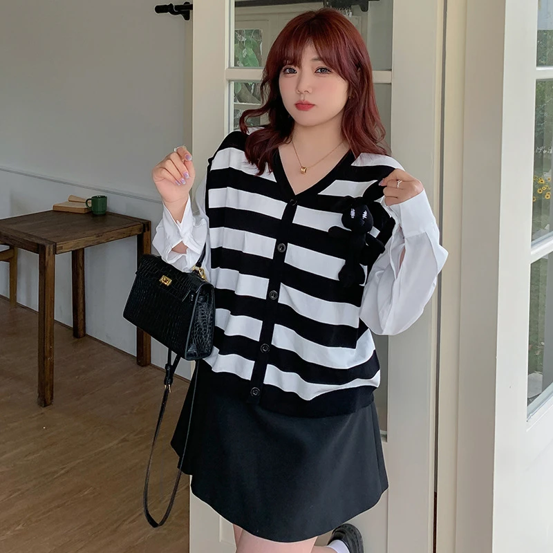 大码女装兔子玩偶拼接长袖上衣2023秋胖mm显瘦条纹针织衫21511