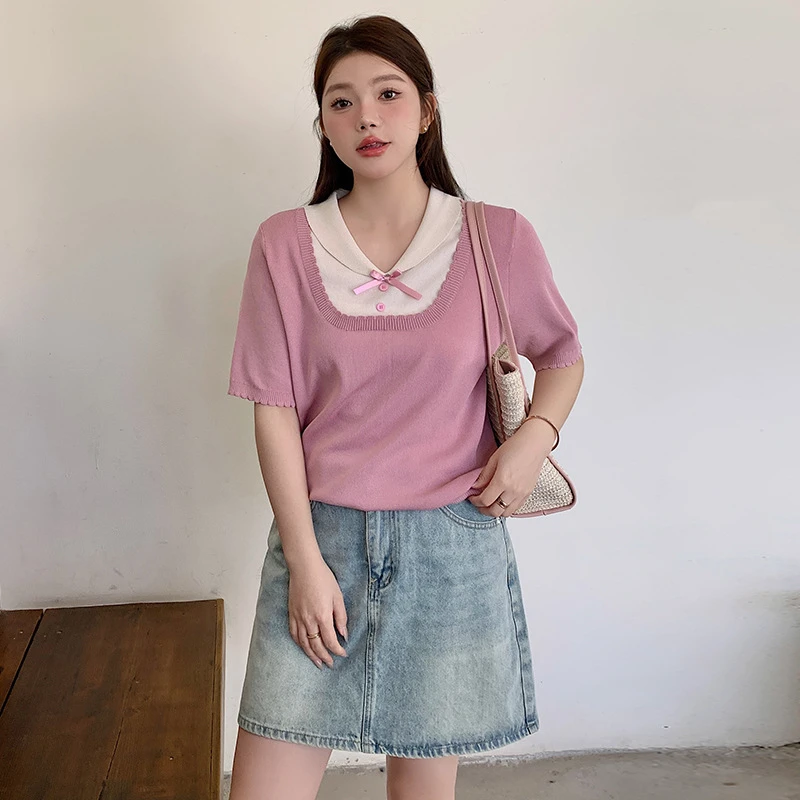 大码女装撞色娃娃领减龄上衣2024夏款胖mm显瘦针织短袖t恤女