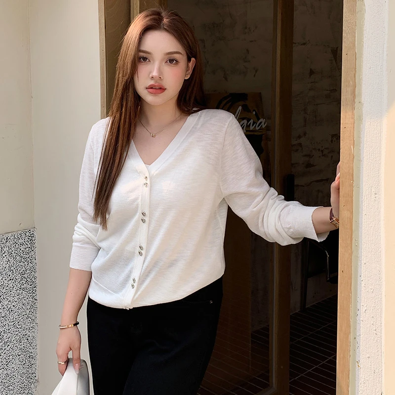 大码女装百搭纯色v领长袖针织开衫2024夏胖mm宽松薄款外套女