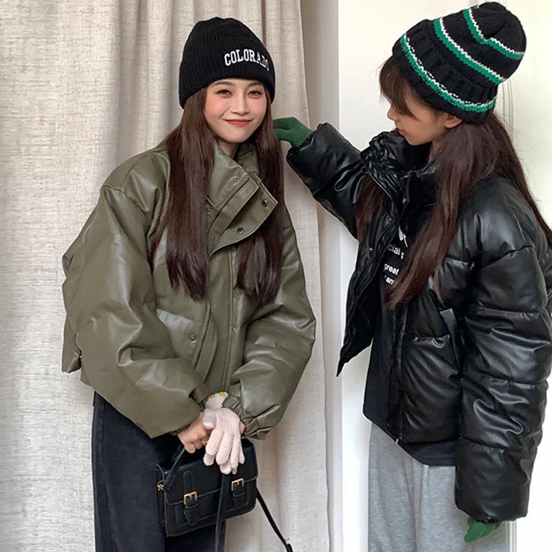 欧美短款棉服女冬季宽松显瘦加厚P U皮小个子面包服棉外套 洋气