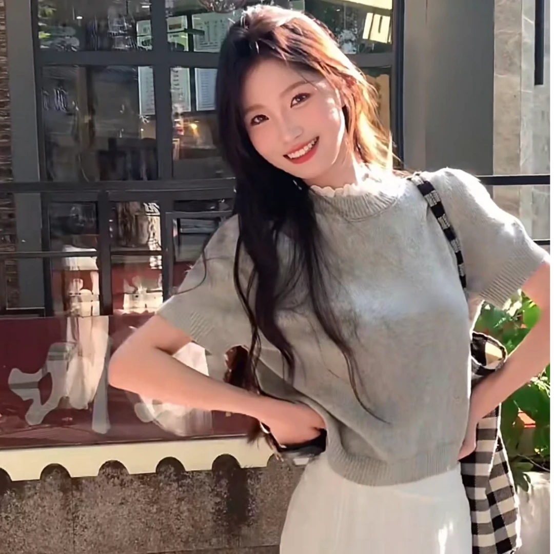 法式休闲简约花边纯色针织短袖上衣百搭高腰半身裙入秋一整套穿搭