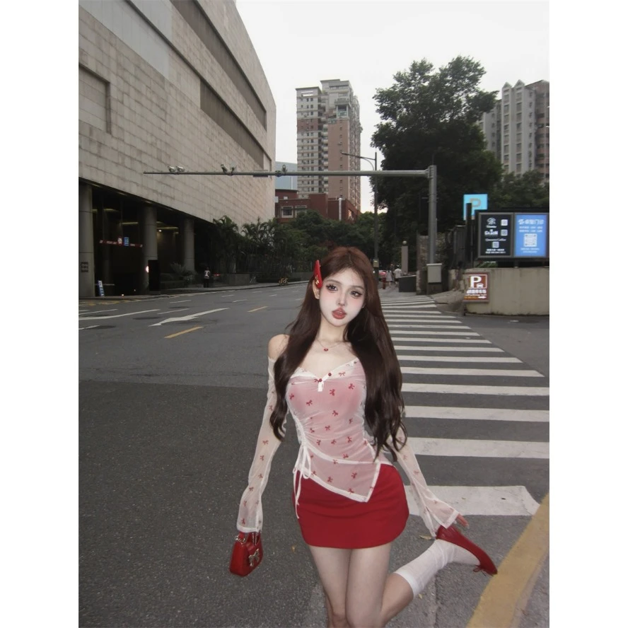 性感纯欲风套装收腰显瘦吊带连衣裙长袖微透抽绳防晒罩衫两件套