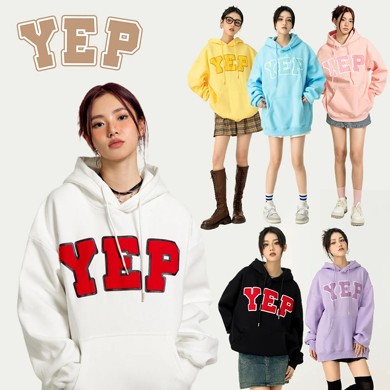 YEP字母植绒印花白色连帽加绒卫衣女2022新款秋冬季加厚外套ins潮