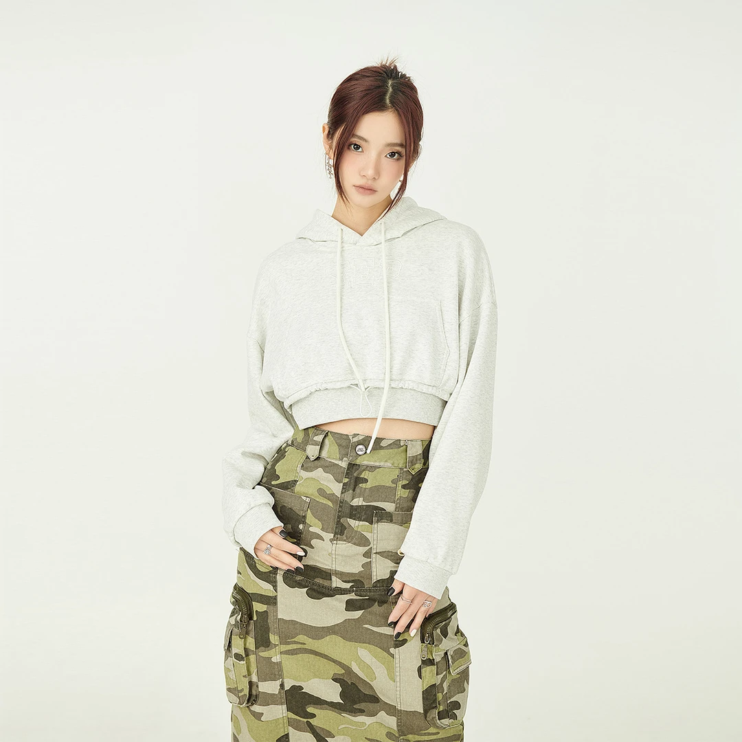 2023新款短款灰色连帽卫衣女春秋薄款设计感小众宽松长袖上衣ins