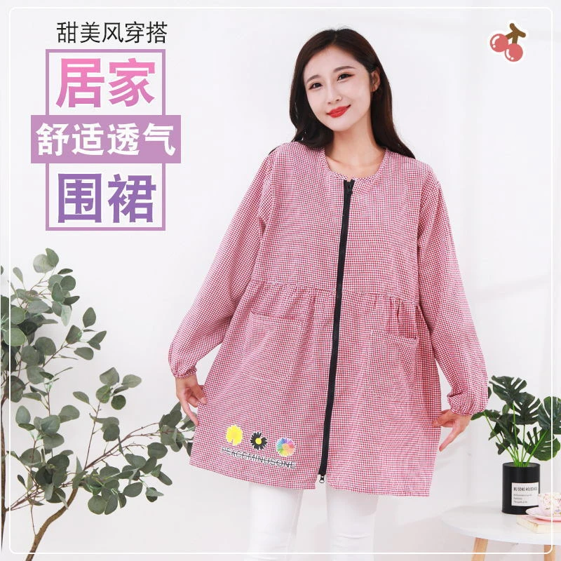 韩版长袖围裙网红同款成人女防油污工作服罩衣正穿拉链款