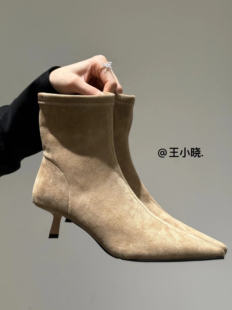 2025秋冬韩版弹力瘦瘦靴简约尖头时装靴细跟短靴女时尚百搭及踝靴