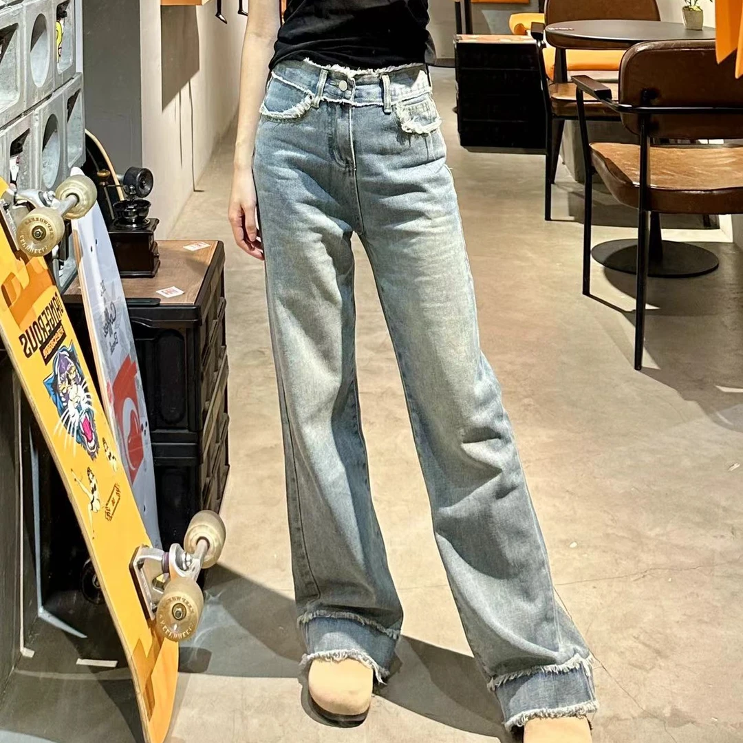 毛边阔腿牛仔裤女 夏款2024新款高腰宽松直筒裤子拖地裤时尚潮