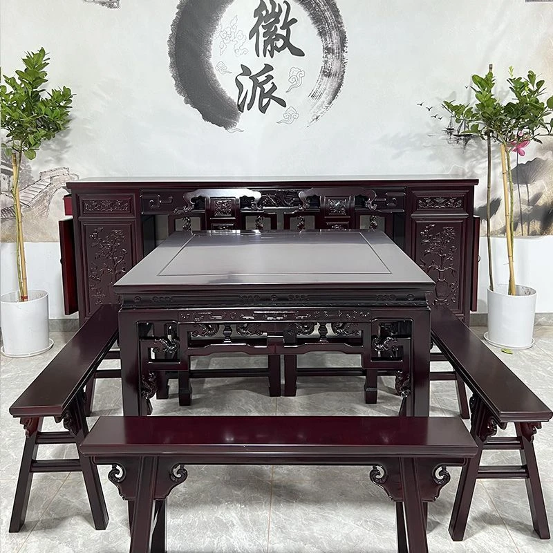 徽派象勾八仙桌中堂六件套四件套实木正方形中式客厅带柜条案供桌