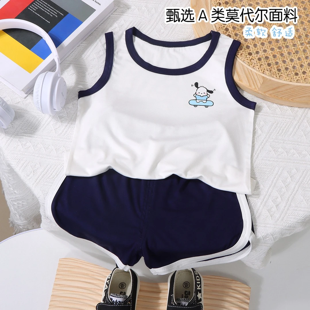 儿童莫代尔背心短裤套装男女宝宝夏季薄款卡通无袖空调服两件套