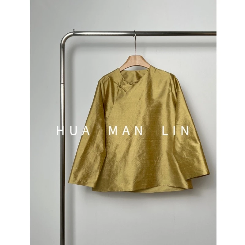 【花满林】金色圆领斜门襟盘扣26姆米双宫真丝桑蚕丝上衣7950