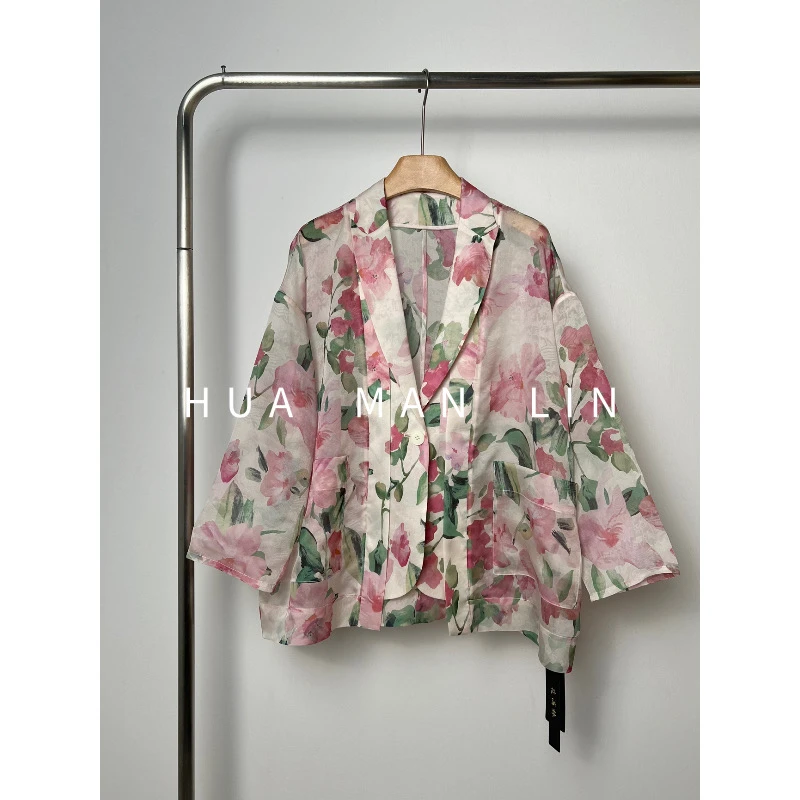 【花滿林】翻领大V一粒扣粉花欧根纱真丝桑蚕丝上衣8802