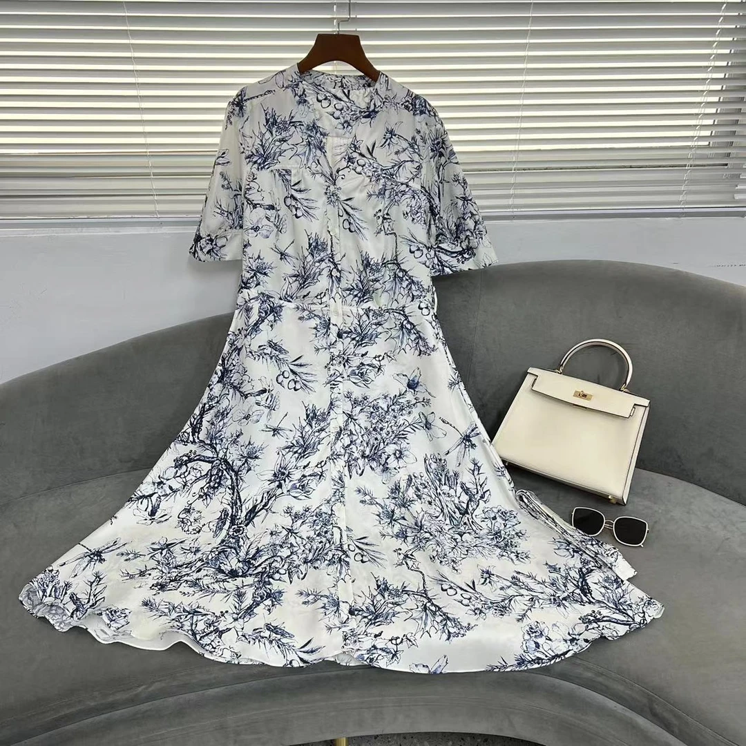 【花滿林】新款‘青花瓷’V领斜纹绸连衣裙6382