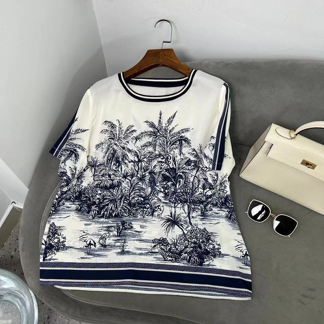 【花滿林】圆领‘椰子树’印花撞色领口气质上衣6735