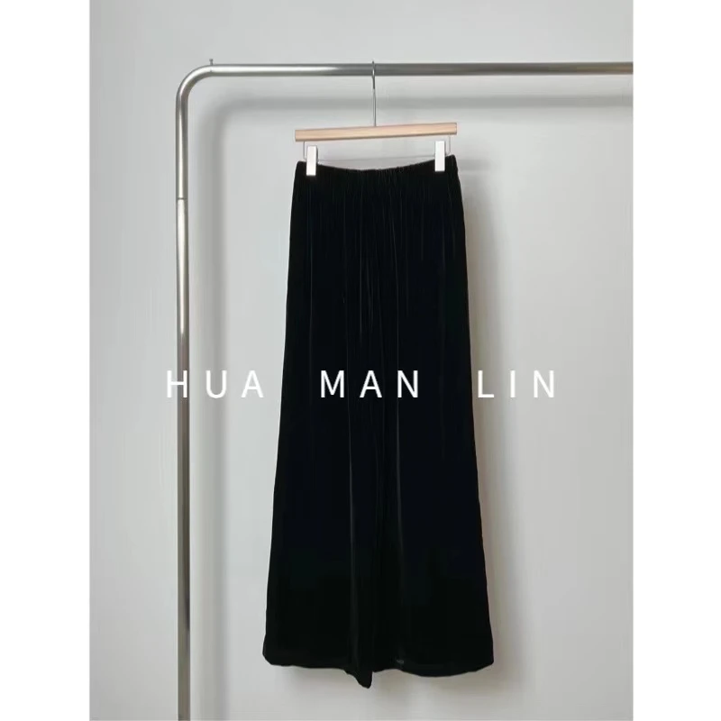 【花滿林】全松紧腰真丝桑蚕丝丝绒阔腿气质显瘦休闲裤7529