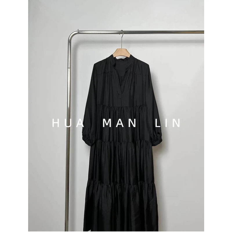 【花滿林】V领26姆米斜纹绸真丝桑蚕丝五层大摆蛋糕连衣裙7211