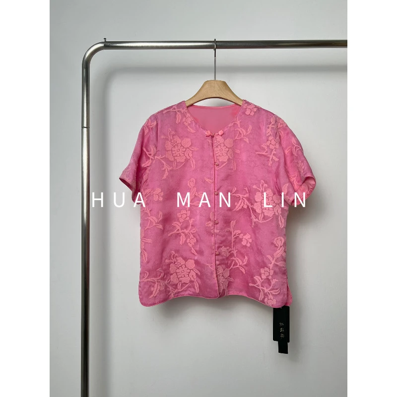 花滿林圆领欧根纱真丝桑蚕丝重工刺绣短袖上衣8936