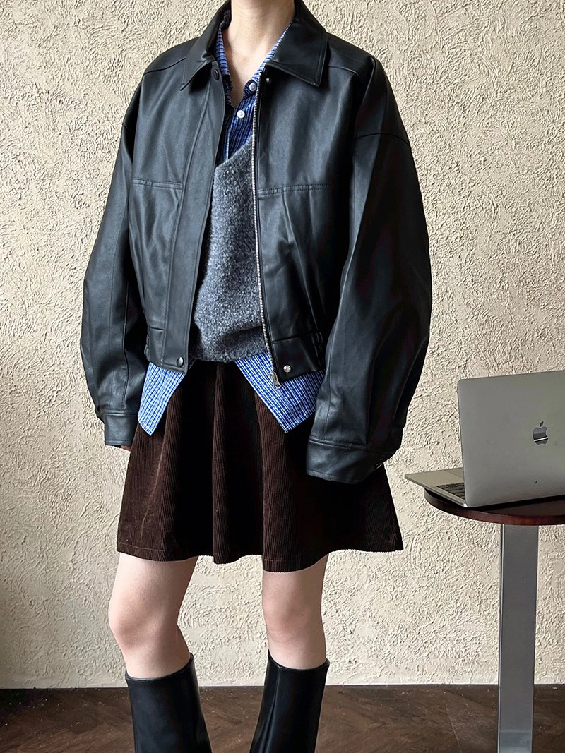 秋季港风机车皮衣女短款宽松时尚百搭皮夹克上衣外套