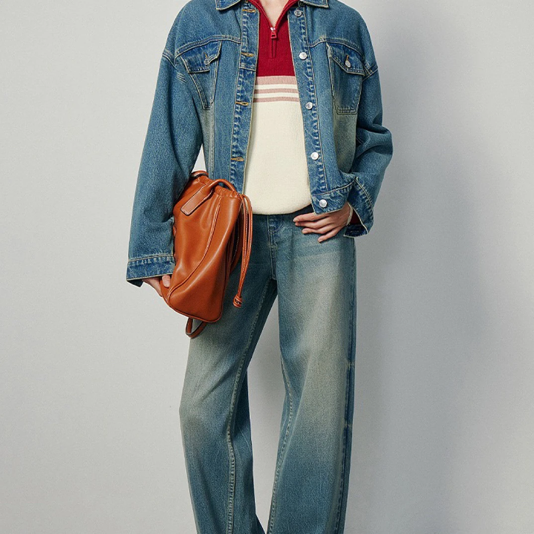 【小调服饰】秋季百搭韩版街头做旧水洗直筒休闲复古短款牛仔外套