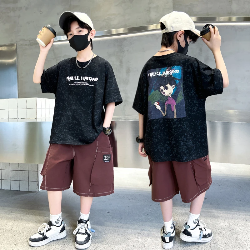 儿童装中大童男童2024夏季新款洋气休闲纯棉套装宽松韩版6-12炸街