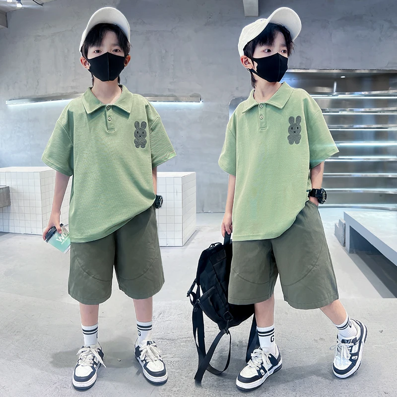 儿童装中大童男童2024夏季新款洋气POLO衫套装宽松韩版6-12炸街潮