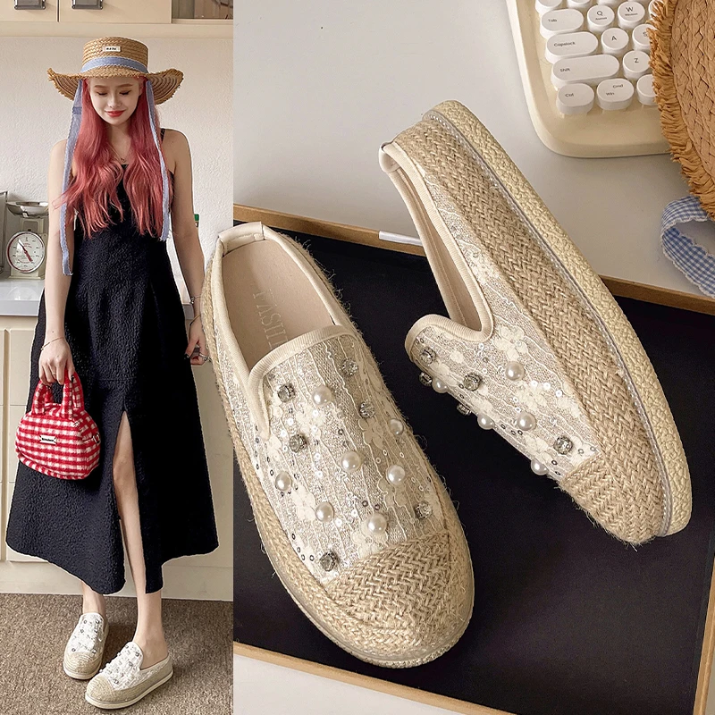 渔夫包头半拖鞋女新款夏季2024韩版休闲外穿珍珠水钻厚底草编拖鞋
