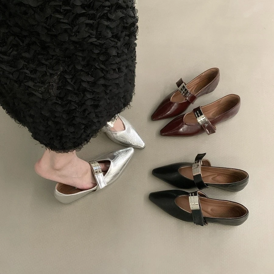 法式平底尖头玛丽珍黑色单鞋女鞋子夏天秋季百搭时尚配裙小皮鞋