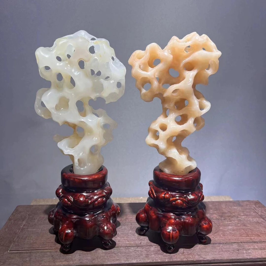 太湖石玉玲珑白色粉色一对配景摆件书桌茶桌书架太湖小精品