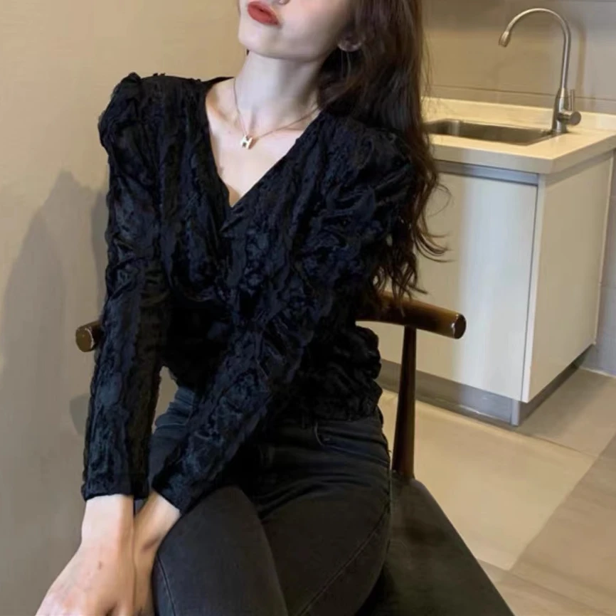 GEYAO24秋冬显瘦气质百搭套头蕾丝法式小众设计感打底衫ZB24D459