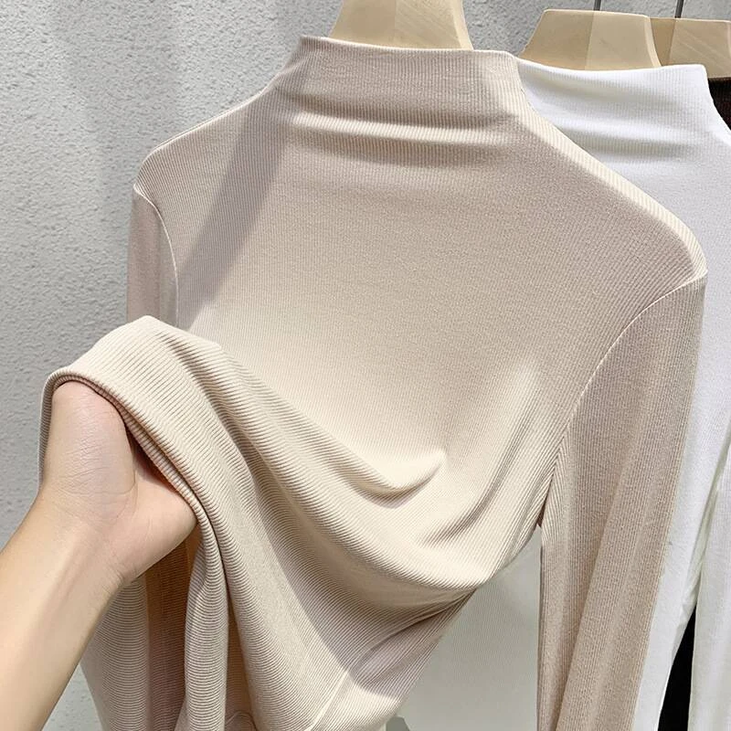 莫代尔打底衫春秋纯色显瘦长袖洋气针织百搭薄款修身半高领秋冬