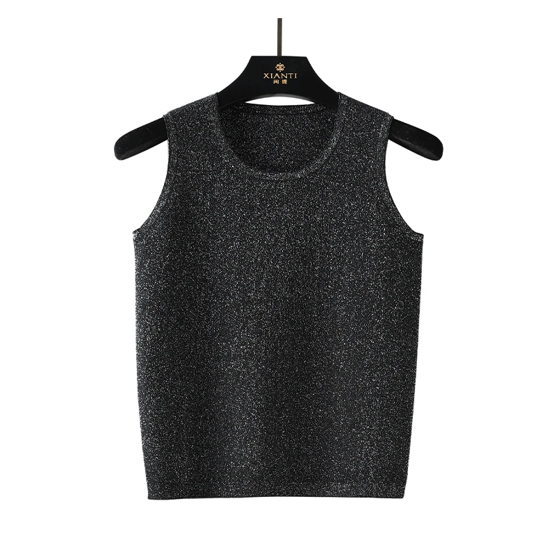 【闲提-高质感】高支意大利星钻亮丝无袖圆领大码背心女薄2431008