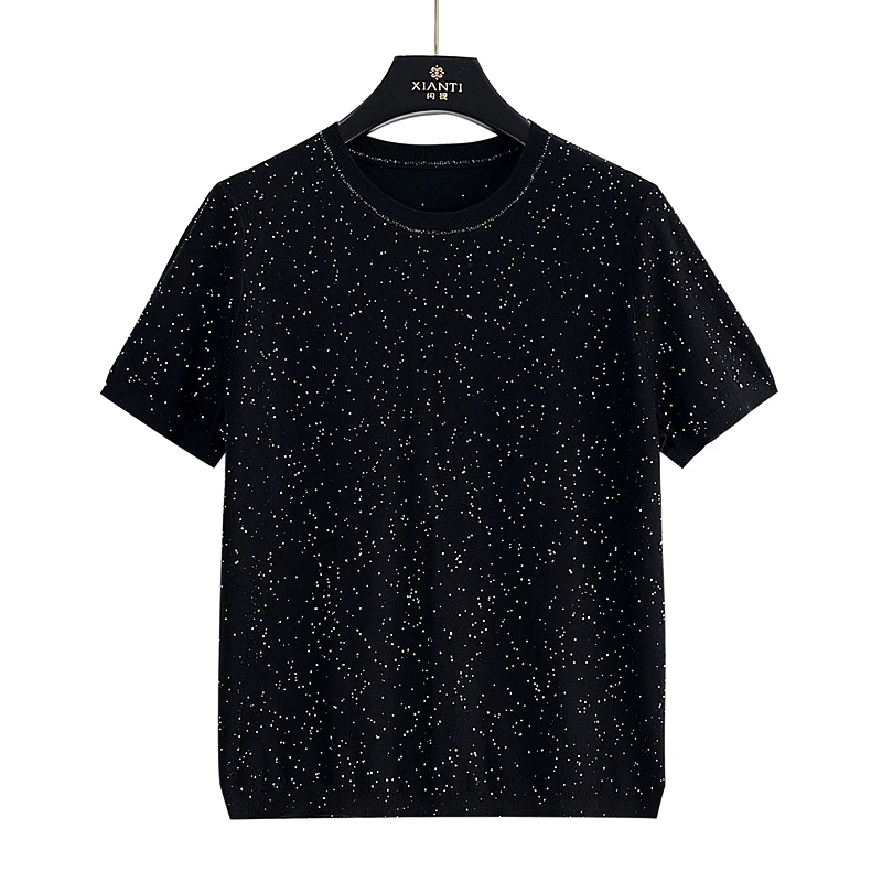 高支超细美丽诺羊毛黑色星空圆领短袖针织衫女2406047