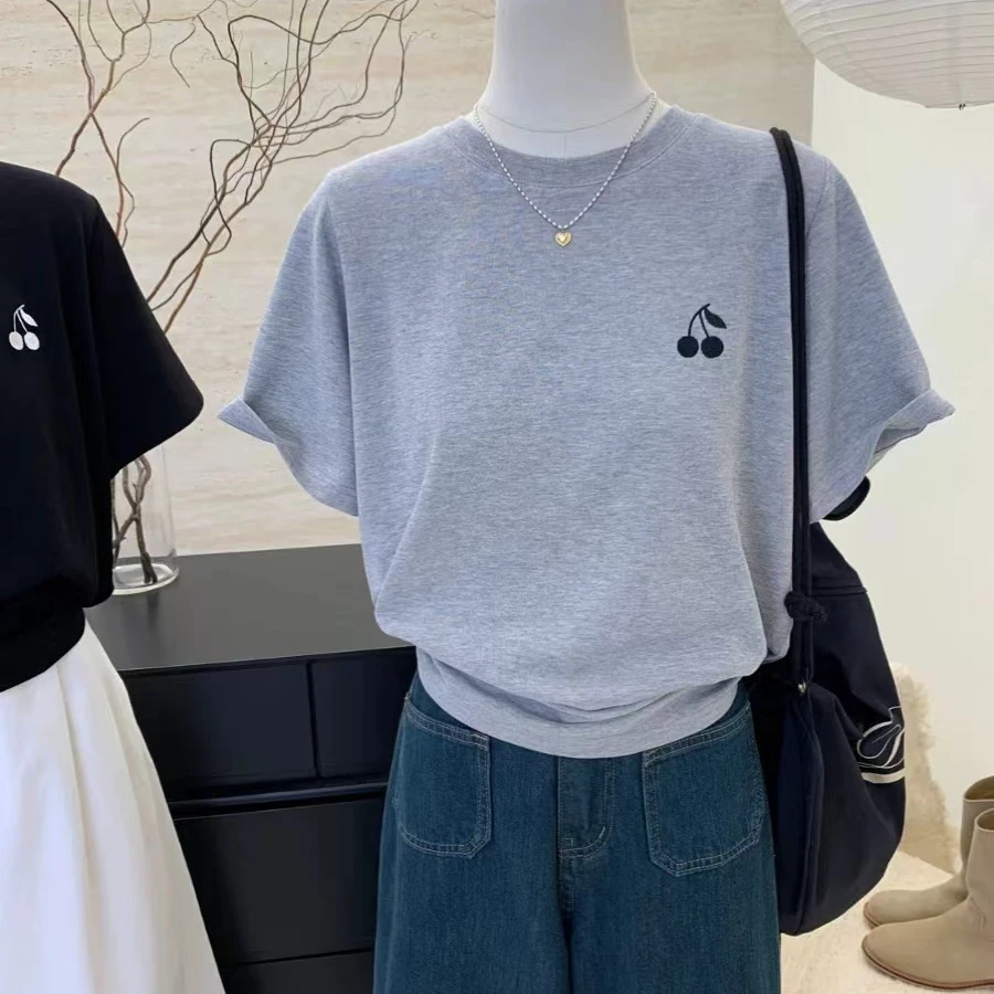 百搭樱桃刺绣宽松四色休闲圆领气质减龄简约上衣短袖女打底夏季