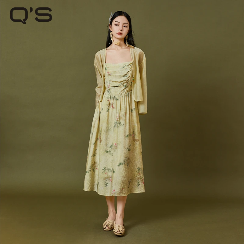 秸熙春新款复古轻国风新中式套装印花连衣裙外套两件套3XC683