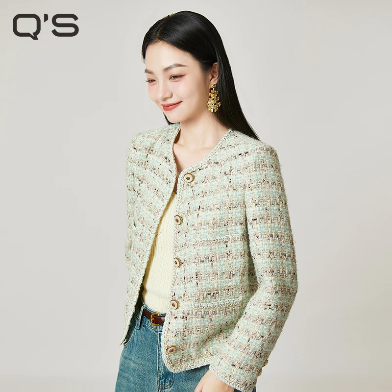 【清仓】秸熙秋季4AA258复古休闲小香风外套混色粗花编织上衣短外套