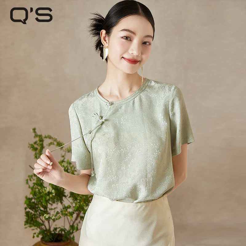 【欧若新中式】秸熙夏季新款盘扣衬衫斜门襟纯色提花套头上衣4XB599