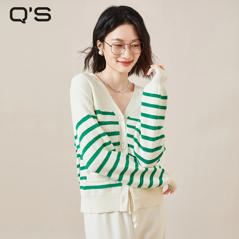 秸熙春季新款3CD914气质通勤针织开衫撞色条纹设计感毛衣外套