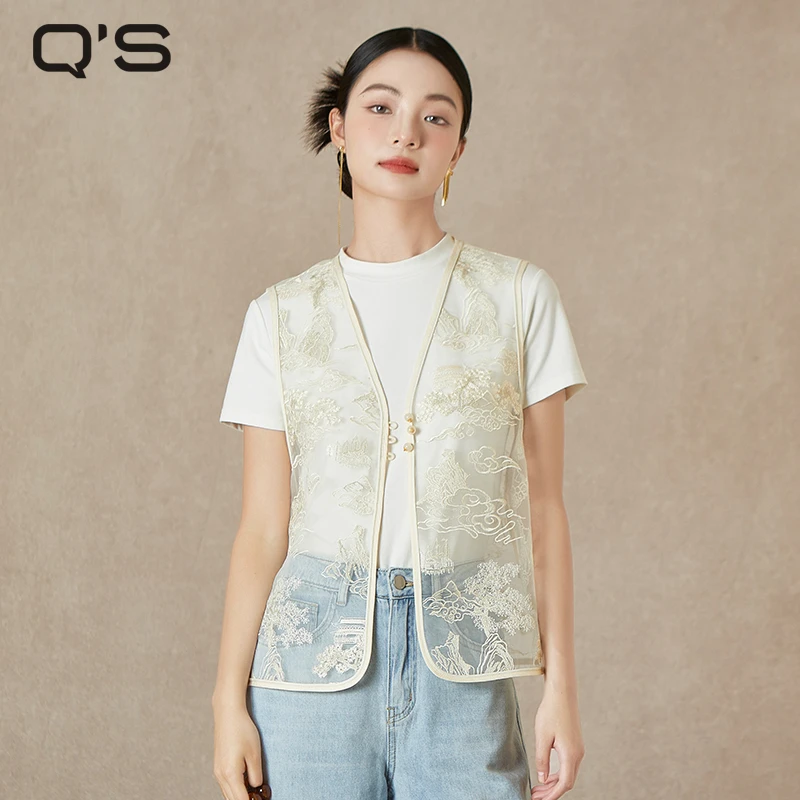 秸熙夏季新款新中式薄款纱感无袖马甲轻国风祥云绣花上衣4XB294