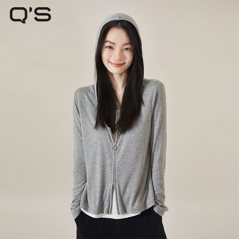 秸熙秋季新款连帽T恤撞色假两件长袖短款针织衫上衣女外套4XA791