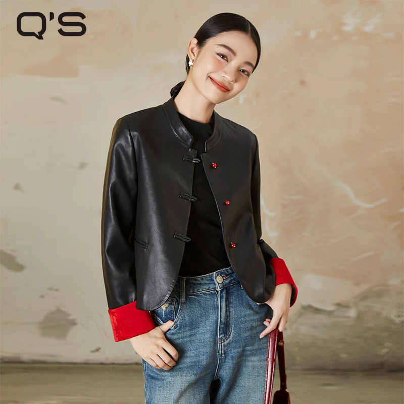 秸熙春装新款复古轻国风休闲短外套撞色提花袖口蛋白皮上衣4XC294