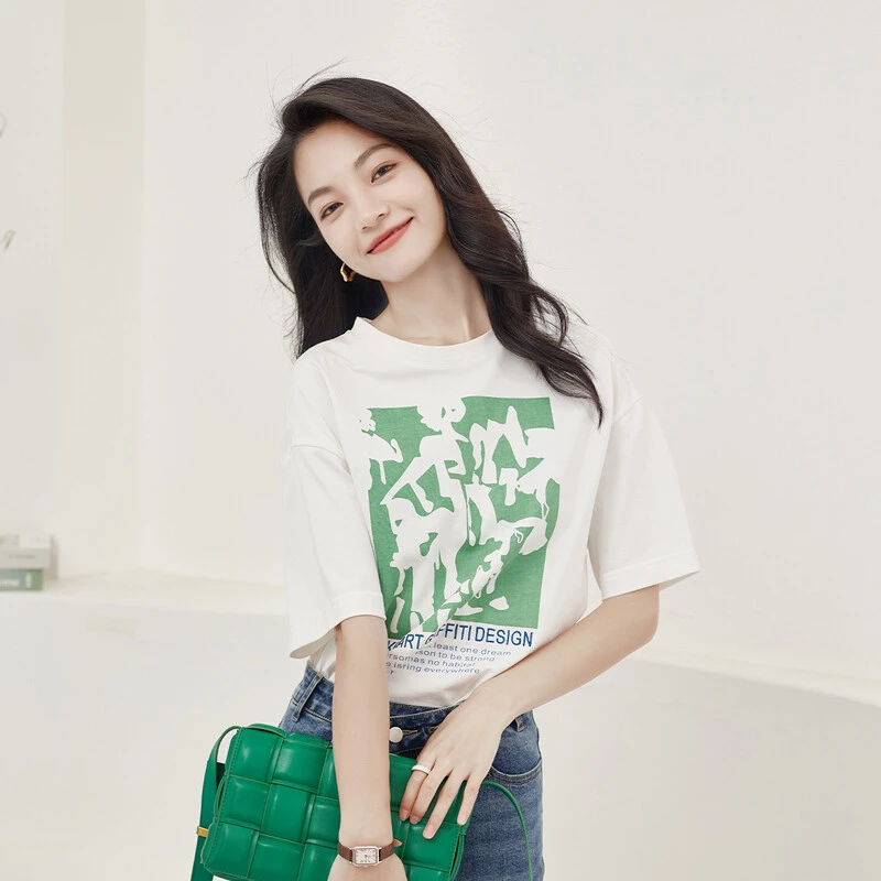 秸熙2023春秋新款JTM722韩版通勤纯棉T恤女印花套头短袖上衣休闲