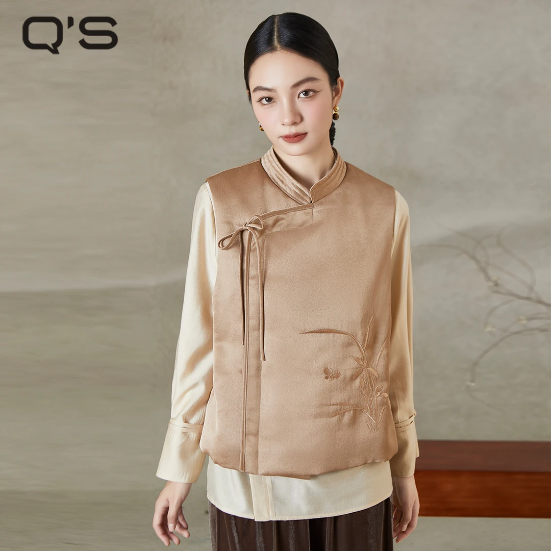 秸熙冬季新款4XD264无袖轻国风马甲蝴蝶结系带绣花轻薄棉服外套