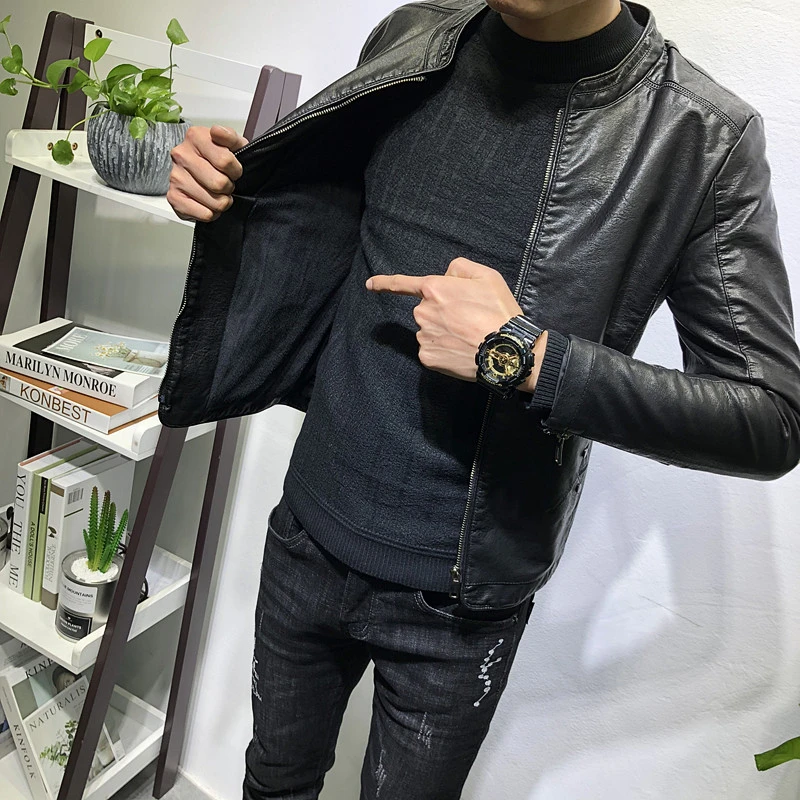 加绒加厚秋冬新款流行男士立领皮衣韩版潮流夹克修身百搭潮牌外套