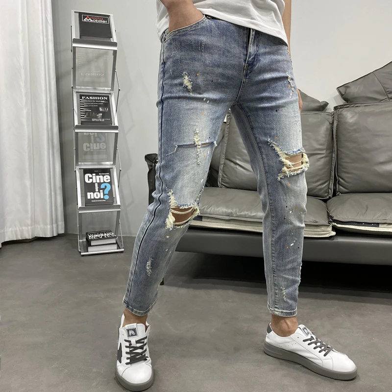 2025男士薄款牛仔裤男韩版潮流休闲修身小脚精神小伙百搭九分裤子