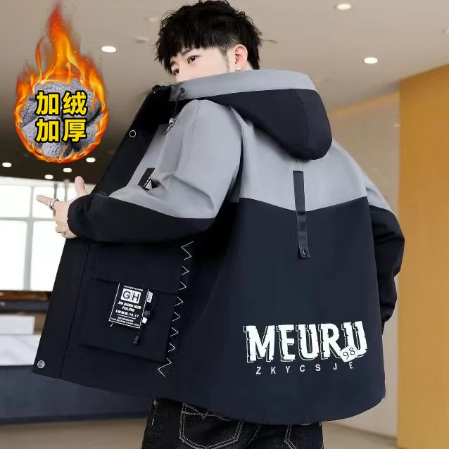 青少年外套男冬季加绒加厚工装连帽男士夹克潮流帅气宽松百搭褂子
