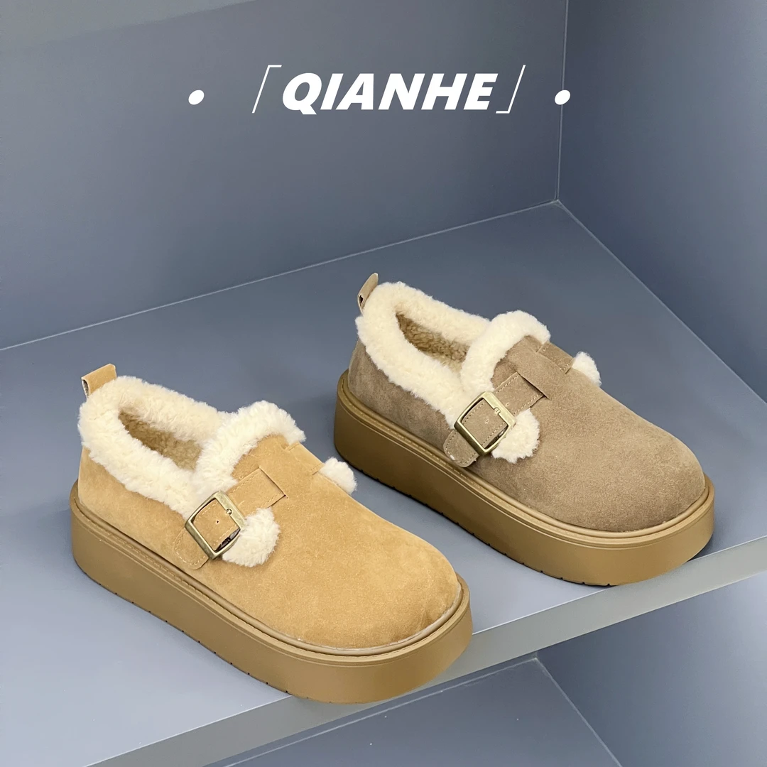 「Qan'h千合女鞋」•厚底加绒冬季新款圆头百搭勃肯棉鞋（828-3）