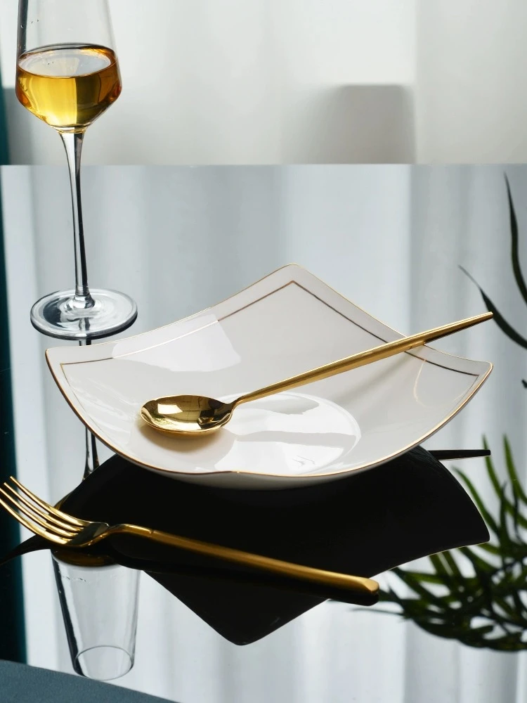 景德镇骨质瓷8英寸贵龙深盘轻奢简约方盘菜盘汤盘高档家用餐具